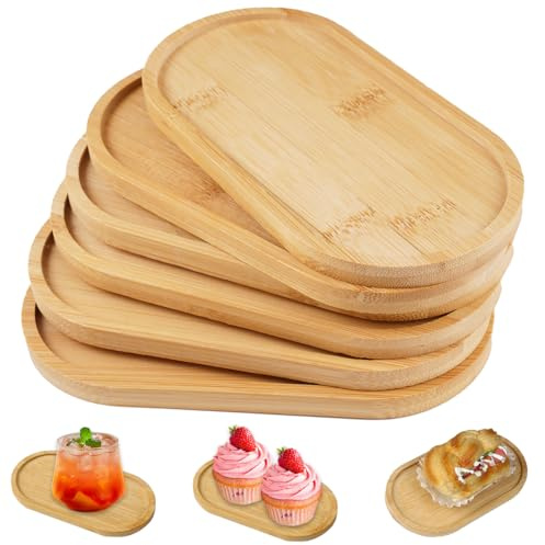 6 Pièces Petit Plateau de Service en Bois,17.5×8.8x1cm Pateaux Ovales en Bambou,Petit Plateau Bois,Oval Wooden Serving Tray,Plateaux Ovale Boispour Nourriture,Bijoux,Pots de Fleurs,Café,Biscuit
