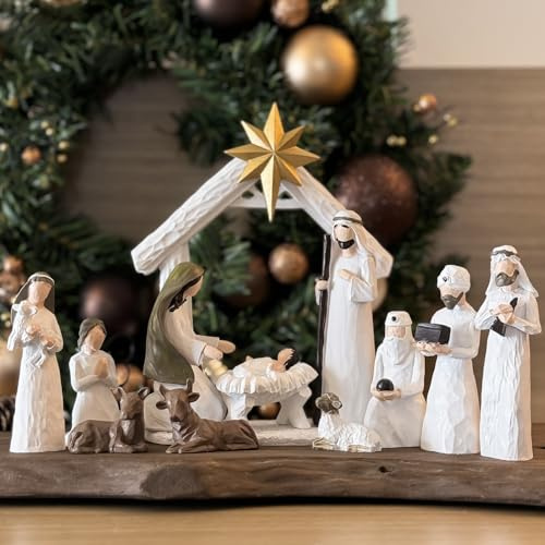 JinniuX Nativity Set Indoor – 12 Pieces Christmas Nativity Scene Set with Manger, Angel with Gloria Banner, Nativity Sets & Figures and Family Holiday Christmas Decoration