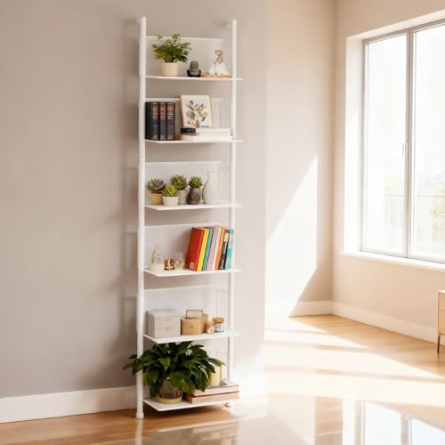 SUNNYNEST Bookshelf Wall Mounted, Metal Ladder Shelf, 5-Tier Bookcase Rack, Storage Unit with Metal Frame, Industrial Floating Wall Kids Shelf for Living Room, Kitchen, Office, Bedroom