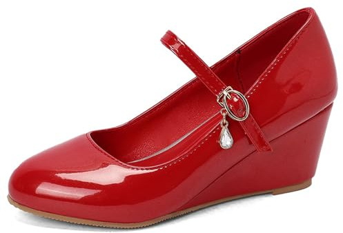 MiaZane Scarpe con Tacco a Punta Tonda in Pelle Verniciata Tacco a Cuneo Fibbia Mary Jane Scarpe Eleganti per Abbigliamento Casual Primavera Estate e Passeggiate Quotidiane,Rosso,38 EU