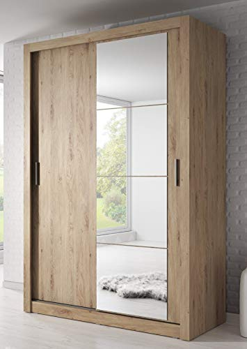Arthauss Modern Bedroom Mirrored Sliding Door Wardrobe Arti - 6 in Oak Shetland 120cm - Flat Pack Space-Saving Wardrobe with Customisable Interior