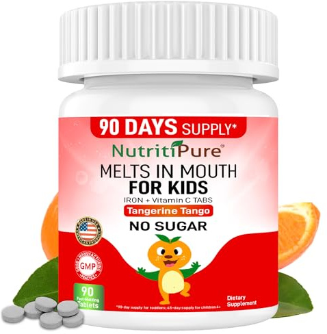 NutritiPure Kids Chewable Iron Supplement, Ferronyl® Carbonyl Iron 9 mg, Vitamin C 30 mg, Tangerine Tango Orange Flavor, 90 Count