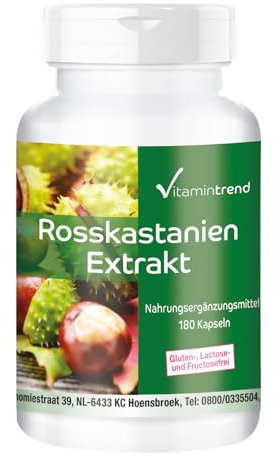 Vitamintrend Rosskastanien Extrakt 300mg, 180 Kapseln, 20% Aescin, hochdosiert, Nahrungsergänzungsmittel vegan ohne Magnesiumstearat, in Deutschland hergestellt