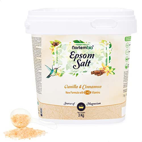 Nortembio Sali di Epsom 100% Fragranza Vaniglia e Cannella 3 kg – Fonte Naturale di Magnesio | Con Vitamina C ed E Idratante | Per Bagni Rilassanti, Spa e Cura della Pelle + E-Book Gratuito