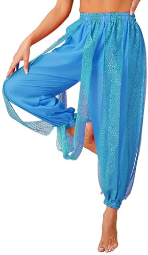 Leemiman Pantalones de disfraz de danza del vientre para mujer, con lentejuelas, brillantes, pantalones de yoga árabe, Halloween, pantalones negros, turquesa, L