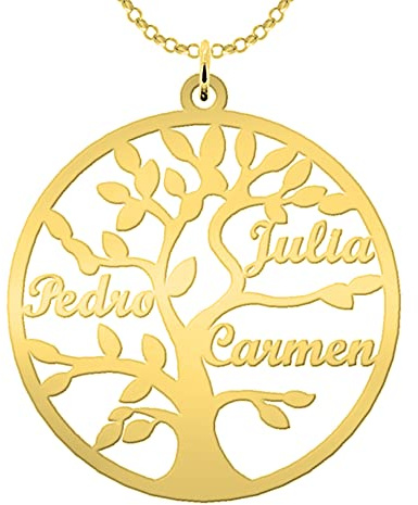 Collar Árbol de la Vida Personalizado Chapado en Oro 18K con Nombres Grabados - Hasta 9 Nombres - Regalo Emotivo para Madre o Abuela - Colgante Familiar Mujer - Mi Joya Personalizada (3 Nombres)