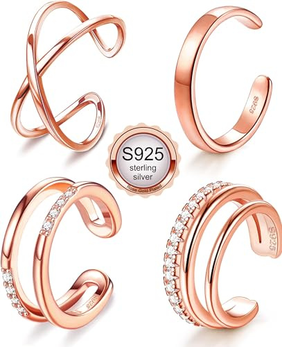 JeryWe 4 Pcs 925 Sterling Silver Ear Cuff for Women Non Piercing Adjustable Ear Cuff Earrings Clip On Cartilage Helix Wrap Ear Jewelry Set Rose Gold