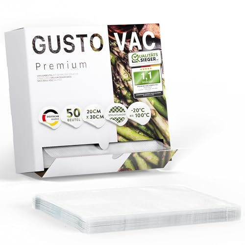 GustoVac Premium Vakuumbeutel, 50 Stk. 20x30cm Profi- Folienbeutel, Vakuumierbeutel für Vakuumierer, Kochfest & Sous Vide Gefrierbeutel, Lebensmittel Vakuumiergerät, Made in Netherlands, BPA-frei