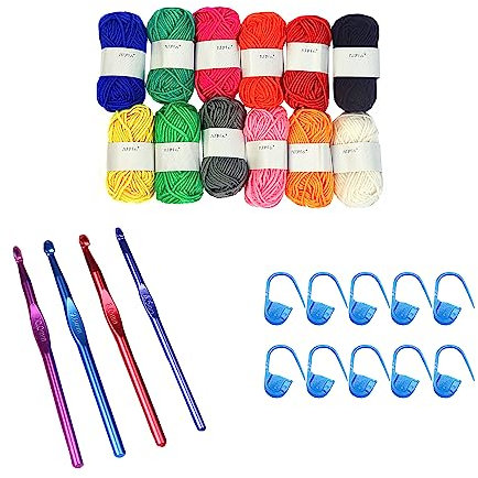 GVSAVY 26 Pieces Crochet Set, 12 Rolls of 13g Colored Yarn with Crochet and Stitch Markers, Crochet Starter kit, DIY Crafts Accessories, Suitable for Beginners and Adults (12 Colors)