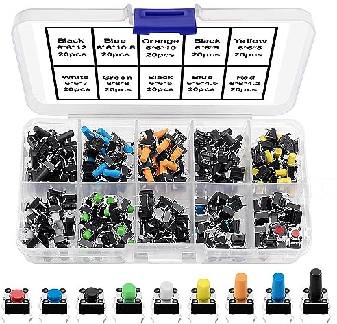 VooGenzek 200 Piezas 10 Valores Interruptor de Boton Momentaneo Tactil, 6×6mm Pulsador Táctil Interruptor Micro Momentáneo Tacto Kit con Caja de Plástico (Multicolor)