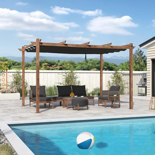 PURPLE LEAF Pergola Aluminium 4 x 3 m Pergola Jardin Extérieur Finition Teck, Toile Coulissante Rétractable, Tonnelle Imperméable, Barbecue Extérieur, Pavillon de Jardin, Gris