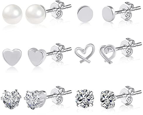 ASH'S CHOICE Silber 925 Ohrringe Ohrstecker Set, 6 Paar Ohrringe Silber 925 Kleine Herz Kugel Ohrstecker Set, Medizinische Silber Kleine Ohrstecker herz Kugel Perle Glitze Ohrringe mit Zirkon Strass