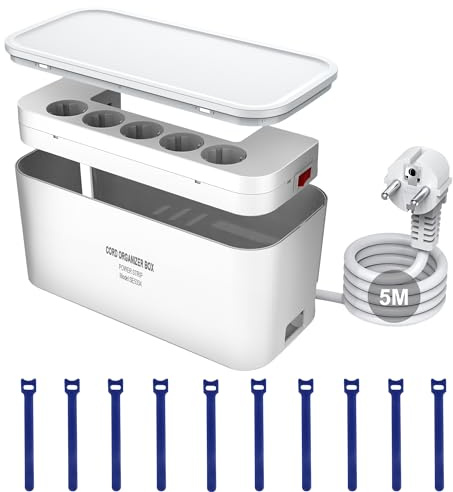 Kabelbox mit Steckdosenleiste USB,5Fach Mehrfachsteckdose Überspannungsschutz mit Schalter und 3USB Ladeanschlüsse, Kabelbox WeiB Schreibtisch mit Steckdosenadapter,29.5 * 14 * 14CM, 5M Kabel