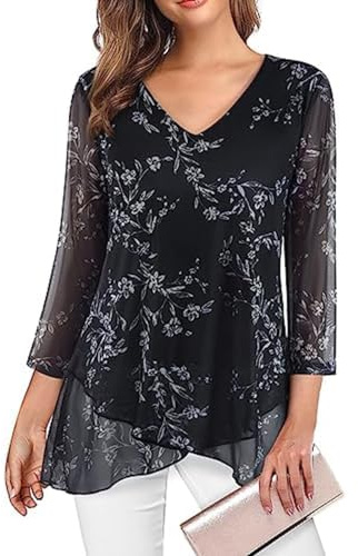 SHEKINI Dam V-krage 3/4 Ärmar Tunika Andningsaktiv Avslappnad Ruffle Blus Dubbel Chiffong Toppar Ren Färg Veckad Elegant Tröja, Blomma-svart, 3XL