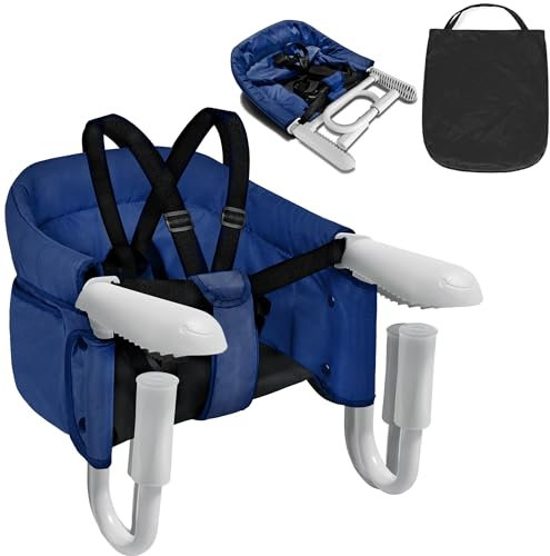 PEILU Faltbare Tischsitze Baby Boostersitze mit 3-Punkt Sicherheitsgurt & Anti-Rutsch-Klemmen Ergonomischer Kinder Esszimmerstuhl Sitzerhöhungen Tragbar Babysitz für Zuhause & Reise (Blau)