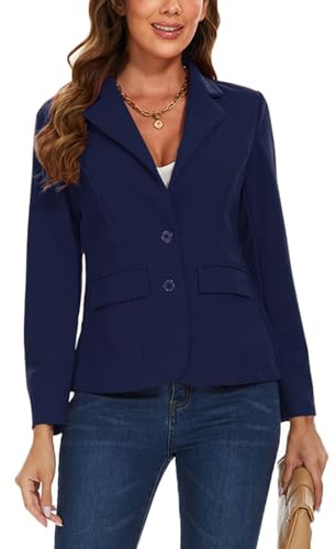 LADI TREND Blazer para mujer, chaqueta con 2 botones, solapa con muescas, casual, clásico, manga larga, bolsillos con solapa, forro frontal, N-azul marino, S