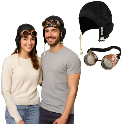 FNA FASHIONS® Black Biggles hatt pilotglasögon ram flygare morfar stor flykt maskeradkit (Biggles hatt & skyddsglasögon)