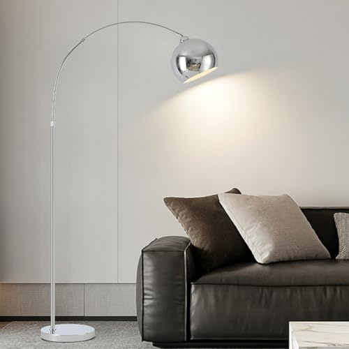 KlkrzJwy Lampada da terra moderna cromata, lampada da terra ad arco in metallo argentato con testa regolabile, elegante lampada da terra alta 70,9 pollici, lampade da lettura per soggiorno