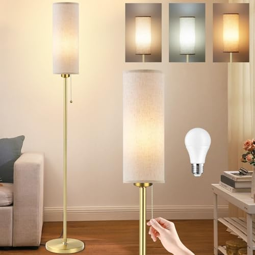 Seruno X Floor Lamp Linen Standing Lamp with Pull Chain Switch 3 Color Temperatures, 9W Led Bulb Included, Modern Gold Pole Standard Corner Lamp with Lampshade for Living Room Bedroom, No Remote