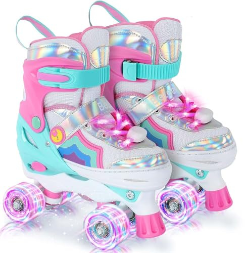 BELEEV Kids Roller Quad Skate for Girls, 4-Size Adjustable Roller Boots with 8 Light-Up LED Wheels & Shoe Lace, Safe & Fun for Toddlers Children Beginners, Ideal Birthday (Light Pink-M)