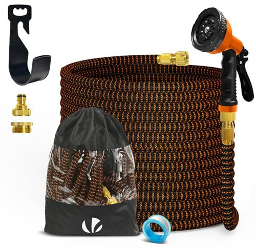 VOUNOT® Tuyau d'Arrosage Extensible 15m Renforcé Adaptable 1/2 et 3/4 10 Modes de Pulvérisation Flexible et Anti-Fuite Raccord et Sac de Rangement Fournis Orange