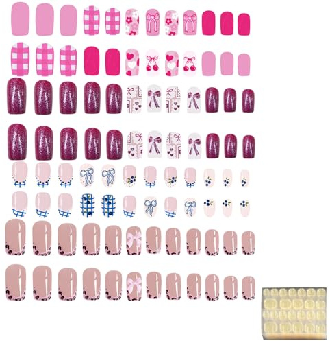 96-Piece Press On Nails Set with Adorable Bow Designs, Colorful Kids Nail Set with Jelly Glue Application, Safe Elegant Touch Petite Nails for Parties and Special Events