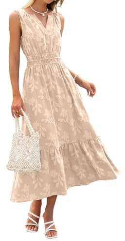 Simplee Womens Summer Boho Maxi Dress A Line V Neck Sleeveless Empire Waist Long Bridesmaid Dresses Beach Vacation Clothes Beige M