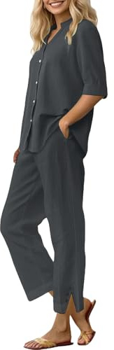 Shfebrinox Set di lino per le donne 2 pezzi estate elegante tuta a gamba larga da donna casual a maniche corte set palestra semplicità colore puro Activewear Flowy Loose Fit Outfit elegante ufficio