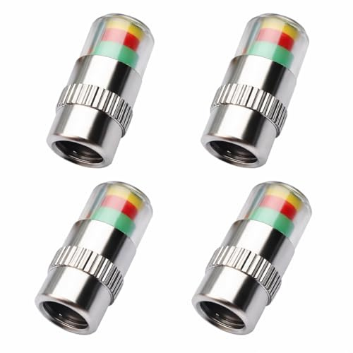 4 Pcs Tyre Valve Caps with Pressure Indicator, Car Tyre Caps Dust Cover with 3 Colour Sensor for Cars Motorcycles Bikes, Anti Theft Air Valve Caps for Tyres