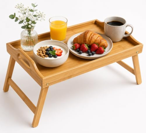ALAYSTAR Bamboo Bed Tray Table with Folding Legs & Handles 40cm