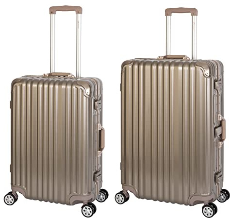 Travelhouse London · 2 teiliges Set · Aluminium Rahmen · Polykarbonat Hartschale · Mittlerer Koffer 65cm & großer Koffer 75cm 4X 360° Doppelrollen· Vol. M-67L · L-108L · Gold