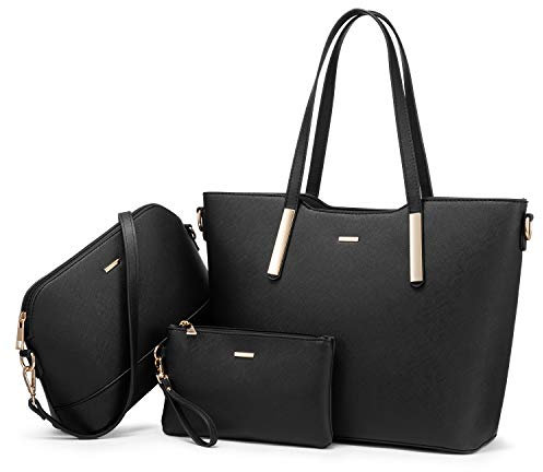 LOVEVOOK Handtasche Damen Shopper Schultertasche Schwarz Umhängetasche Damen Groß Damen Tasche Tote für Büro Schule Einkauf Reise Leder Handtasche 3-teiliges Set Schwarz