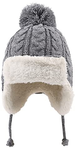 XIAOHAWANG Passamontagna da Sci con Orecchie per Neonati, Unisex, Caldo Pile di Cotone, Berretto Lavorato a Maglia, con Pompon, per Bambini e Ragazzi (Grigio, L)