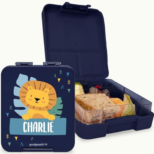 bienpegado – Fiambrera infantil personalizada – Lonchera bento con nombre para niños temática: más de 20 divertidos iconos. Color: (Azul oscuro)