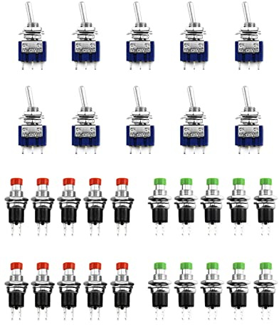 QWORK Set med 30 minibrytare, 10 x AC vippbrytare 125V 6A 3 stift 2 positioner och 20 x momentana tryckknappar 250 V 1A 2 stift