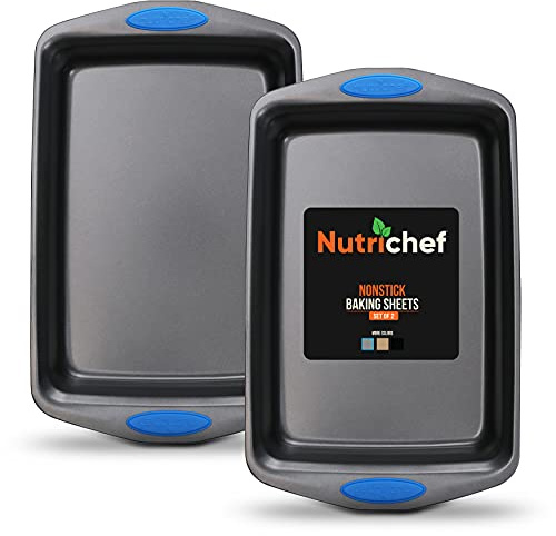 NutriChef 2-Piece Baking Pan Set - Premium Non-Stick Coating Carbon Steel Bakeware w/Silicone Handles - PFOA, PFOS, PTFE Free Kitchen Oven Bake Tray, Cookie Sheets - Dark Gray, 17.3x11.4x1.2