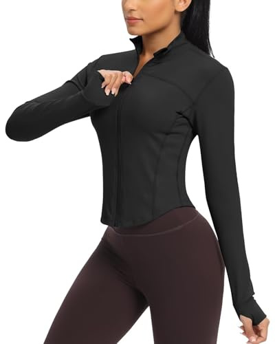 Queenie Ke Women's Cropped Running Jackets - Zip Up Lightweight Athletic Yoga Gym Tops BBL Jacket with Thumb Holes (Black, Small)