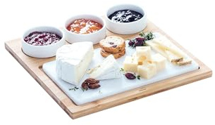LACOR - 61040 - Tabla de Bambú Natural, 3 Cuencos, Bandeja para Servir Comida, Base de Mármol, Ideal para Presentar y Servir Platos y Aperitivos, Fácil Limpieza, Medidas: 28x28x4 cm
