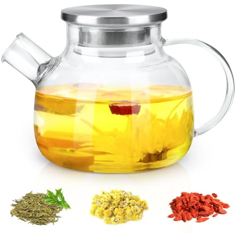 UKOFEW 1000ml Tetera con Colador, Tetera de Vidrio de Borosilicato para Té, Tetera de Cristal con Tapa, Para Bebidas Frías y Calientes, té de Frutas (1000 ML)