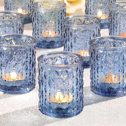 Azuritek 12pcs Votive Candle Holders, Blue Glass Tealight Candles Holder for Living Room Wedding Decor, Candles Holders Gifts for Women