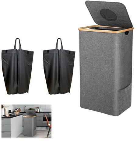 JXAXD Contenitore per pegni da 112 l, con 2 sacchetti, raccoglitore di bottiglie, contenitore vuoto con coperchio e foro, per cucina e magazzino, grigio