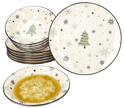 MamboCat Weihnachtsbaum 12tlg Tafelservice I Steingut-Geschirr für 6 Personen mit Tannenbaum & Schneeflocken I 6x flache Speiseteller & 6x tiefe Suppenteller 450ml