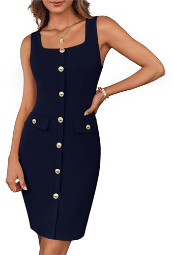GRACE KARIN Vestido elegante de cóctel para mujer, sin mangas, cuello cuadrado, botones, cinturón, formal, mini con cinturón