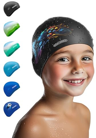 KIDVERSE Badekappe Kinder wasserdicht - Schwimmhaube Kinder mit Anti-Rutsch-Noppen - Badekappen für Schwimmer mit UV Schutz - Schwimmhaube Jungen - Reißfeste Badehauben in verschiedenen Größen