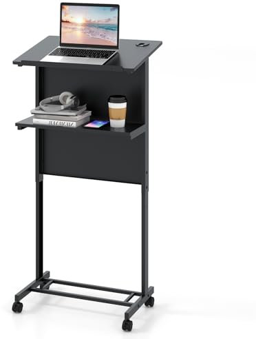 COSTWAY Stehpult höhenverstellbar, Steh-Sitz Schreibtisch mit Rollen, mobiler Stehschreibtisch mit geneigter Tischplatte & Ablagefläche, Laptoptisch für Zuhause & Büro, Schwarz