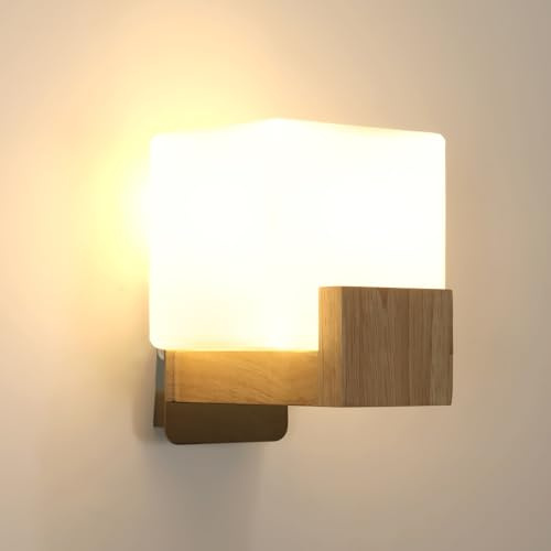 DELIPOP Applique da Parete Interno Legno, E27 Lampada da Parete Vintage, Lampade a Muro con Design Quadrato per Camera da Letto, Soggiorno, Corridoio, Scale