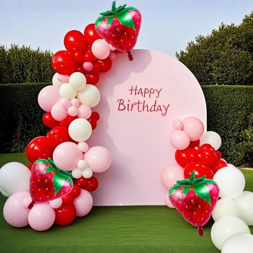 Shyhfdc Kit de guirlande d'arche de ballons en forme de fraise, 86 ballons rouges et roses avec ballons en aluminium fraise pour fille, fête prénatale et fournitures de décoration de premier