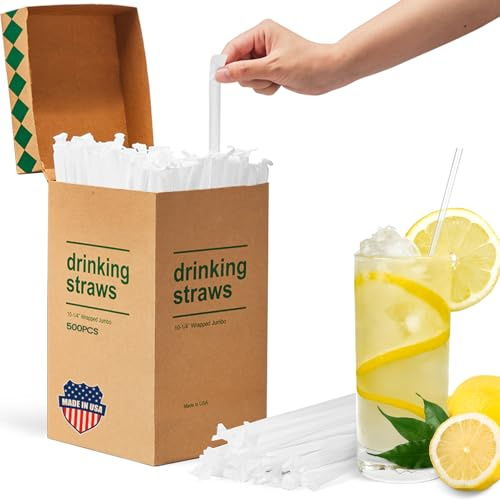 Plastic Straws [500 Pcs-10.2 Long] Individually Wrapped Clear Disposable Drinking Straws - Made in USA - Straight Long Straws for Party, 0.23'' Diameter