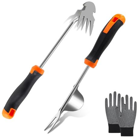 2 Stück Unkrautstecher Edelstahl,1 Paar Handschuhe,Unkraut Entferner Gerät,Gartenarbeit Hand Unkrautstecher,Unkraut Entferner Gerät Edelstahl,Unkrautstecher mit Stiel,Manueller Weeder für Graben,Jäten