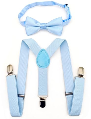 JZK Set papillon e bretelle celeste pastello per bambini piccoli sotto 135 cm, forma Y con clip regolabili bretelle e papillon azzurro per bimbo per matrimonio, festa, costumi